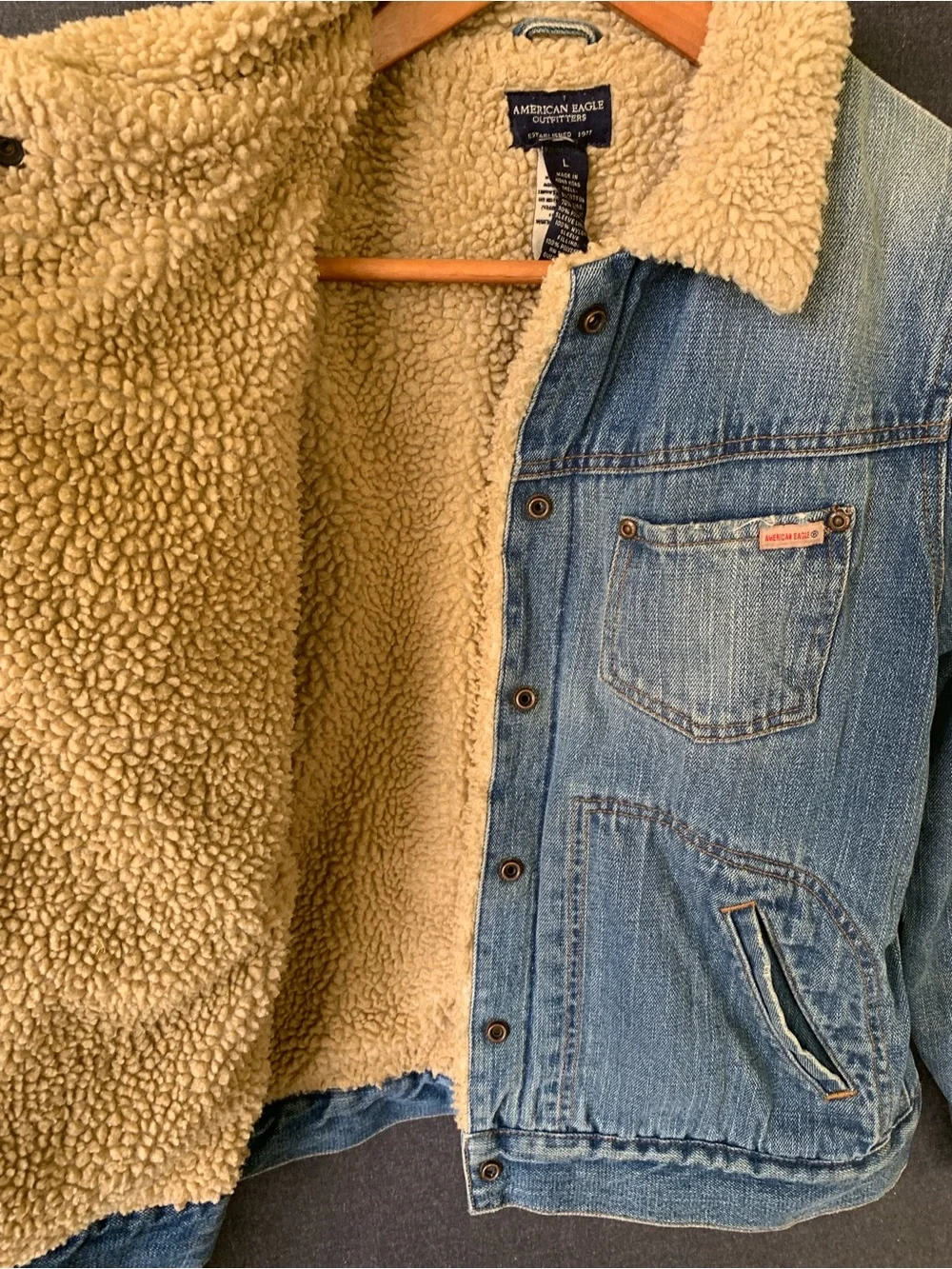 Vintage American Eagle Sherpa Lined Denim Jacket Womens Snap Buttons 90s Trucker - Picture 7 of 11